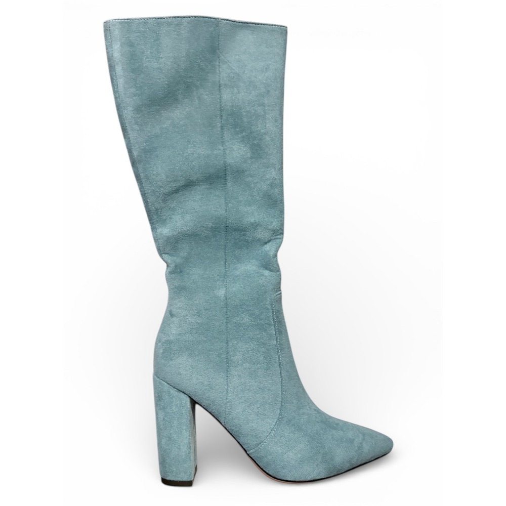 Women's Light Teal Suede Knee-High Block Heel Boots